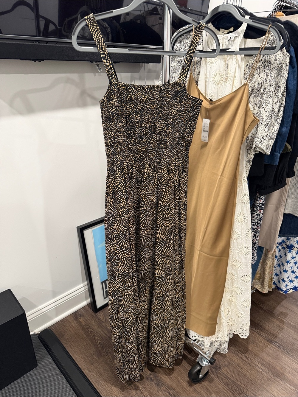 Madewell Black and Tan Patterned Smocked Maxi Dress